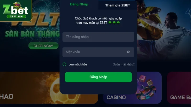 Các bước đăng nhập ZBET trên website